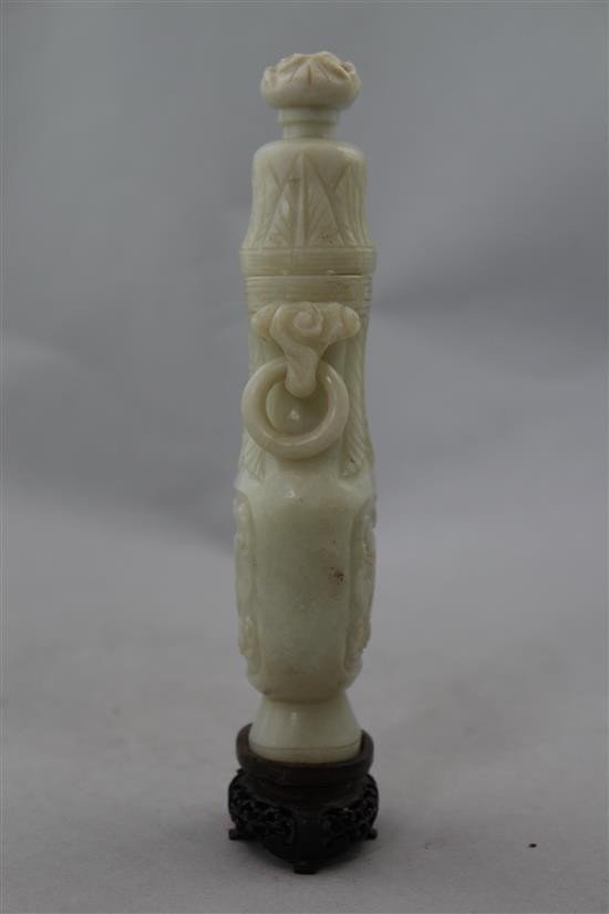 A Chinese greyish white bowenite jade archaistic vase and cover, 20th century, 17cm, wood stand